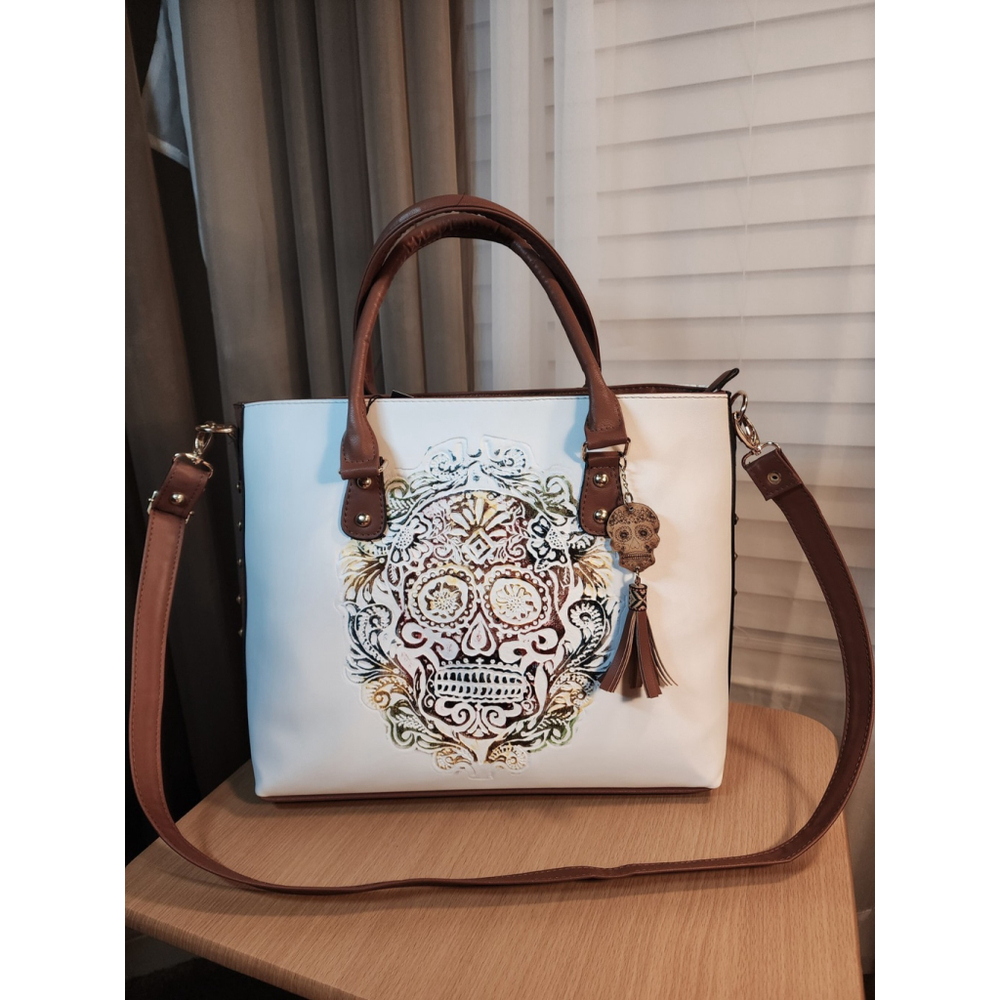 Sugar Skull Multicolor Embossed Tooled Artisan Bag Purse Tote Bolsa Artesanal - Picture 6 of 15